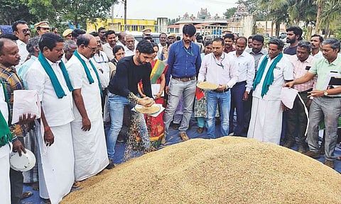 Four-member central team collects paddy samples from a DPC in Thanjavur on Wednesday