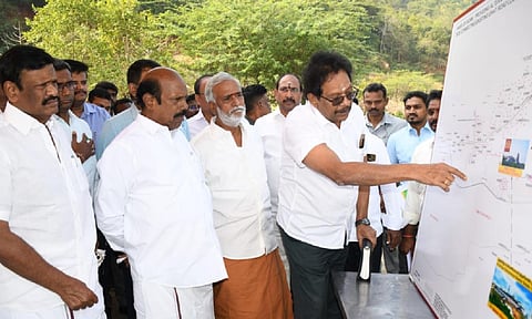 PWD and Highway Minister EV Velu inspecting road work on Wednesday