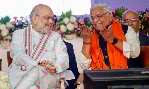 Union Home Minister Amit Shah during the inauguration of 'Hindu Spiritual and Service Fair', in Ahmedabad (PTI)&nbsp;