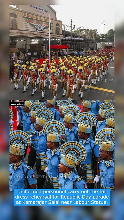 Uniformed personnel carry out the full dress rehearsal for Republic Day parade at Kamarajar Salai near Labour Statue