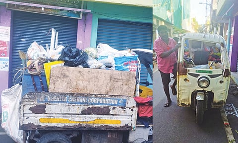 Dilapidated battery-operated vehicles collecting waste