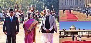 Indonesian President Prabowo Subianto at Rashtrapati Bhavan with President Droupadi Murmu and Prime Minister Narendra Modi.