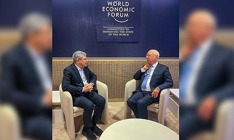 Union Minister Ashwini Vaishnaw during a meeting with Founder and Chairman of the World Economic Forum (WEF) Klaus Schwab on the sidelines of the WEF?s Annual Meeting, in Davos, Switzerland (PTI)&nbsp;