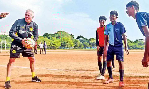Paul Lambert with the youngsters at the Murugappa Youth Football Academy (MYFA)