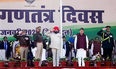 &nbsp;Uttarakhand Governor Lt. General Gurmit Singh (retd.) with Chief Minister Pushkar Singh Dhami during the 76th Republic Day celebration (PTI)