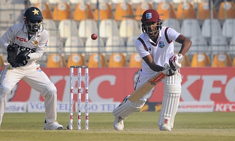 West Indies Kraigg Brathwaite plays a shot as Pakistan's Mohammad Rizwan watches during the day-two of the second cricket test match between Pakistan and West Indies (AP)