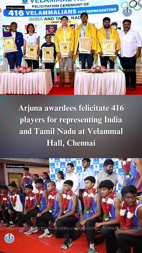 Arjuna awardees felicitate 416 players for representing India and Tamil Nadu at Velammal Hall, Chennai