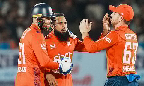 Adil Rashid celebrates after a wicket (PTI)&nbsp;