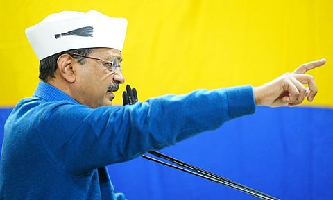 &nbsp;AAP national convener Arvind Kejriwal addresses a public meeting in support of party candidate Ajesh Yadav ahead of the Delhi Assembly elections, in New Delhi (PTI)&nbsp;