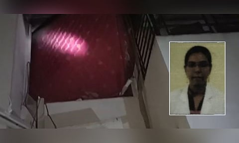 The apartment involved in the incident; The deceased doctor (Thanthi TV)