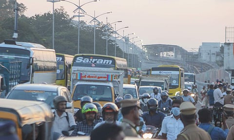 Thousands of commuters were stuck on the Alandur to Pallavaram stretch of the traffic-choked GST Road on Friday evening (Ashish P)