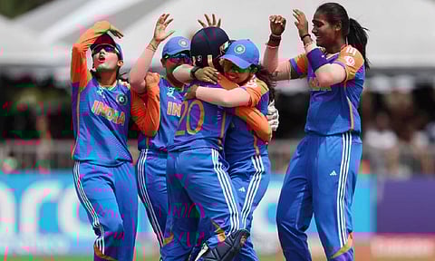 U-19 Women's team players celebrate after a wicket (X)