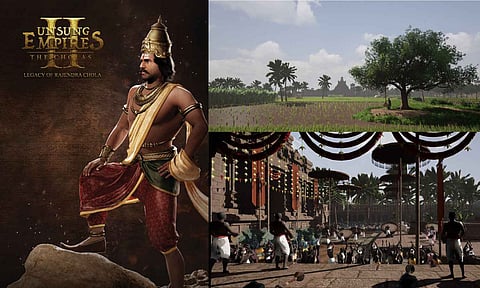 Poster of Unsung Empires The Cholas II - The Legacy of Rajendra Chola (L), Stills from the Game (R)