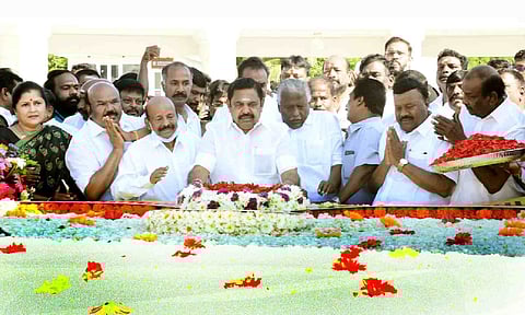 Leader of Opposition Edappadi K Palaniswami along with senior party leaders paid tribute to former CM C N Annadurai at his memorial to mark his death anniversary