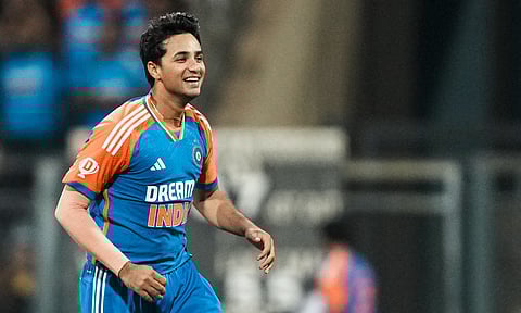 India's Abhishek Sharma celebrates the wicket of England's Brydon Carse during the fifth Twenty-20 cricket match (PTI)