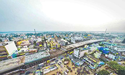 The 700-odd metre-long incomplete flyover at Padappai on the bustling Tambaram-Walajabad Road (Sam Augustine)