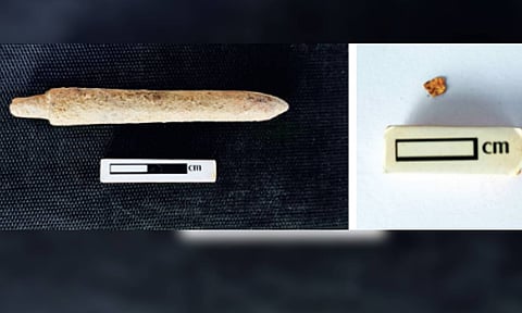 Bone point (top) and gold piece (right) found at Porpanaikottai excavation site in Pudukkottai