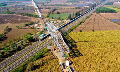 &nbsp;View of a 100m long and 14.3 m wide steel bridge built between Kim and Sayan for the Mumbai-Ahmedabad Bullet Train project, in Surat, Gujarat (PTI)&nbsp;