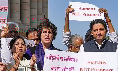 Congress MPs Priyanka Gandhi Vadra and Deepender Singh Hooda at a protest against the deportation of Indian immigrants from the US, at Parliament House complex during the Budget session (PTI)