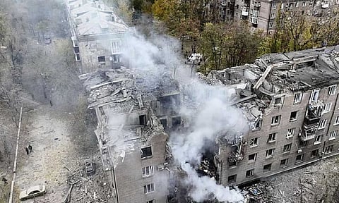 Smoke rises out of an apartments building after a Russian attack in Ukraine on Nov 11, 2024 (AP)&nbsp;