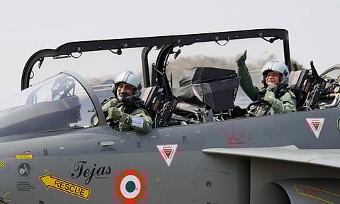 A Tejas aircraft with Chief of Air Staff Air Chief Marshal AP Singh and Chief of the Army Staff General Upendra Dwivedi on board take off for a sortie ahead of the 'Aero India 2025' at the Yelahanka Air Force Station (PTI)