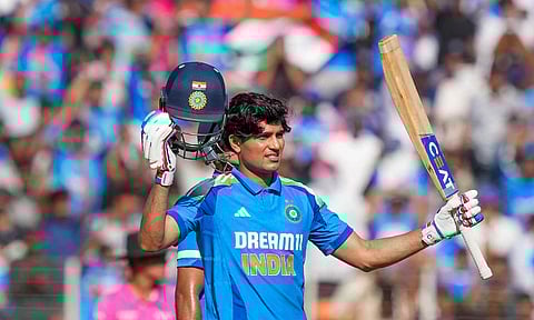 Shubman Gill celebrates his century during the 3rd ODI cricket match of a series between India and England in Ahmedabad (PTI)
