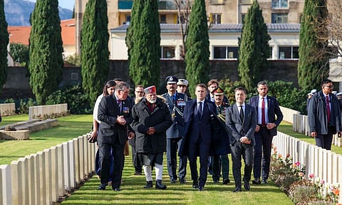 Prime Minister Narendra Modi with French President Emmanuel Macron pays tribute at the Mazargues War Cemetery (PTI)