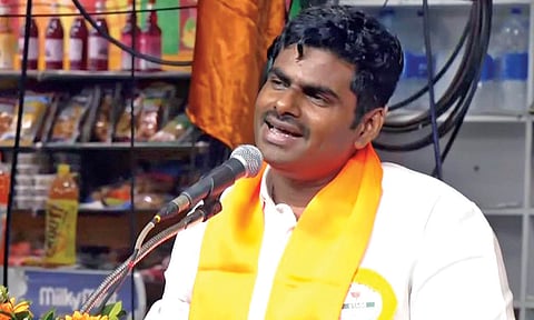 Annamalai speaking at a public meeting in Tiruvamiyur