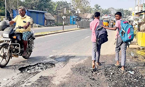 Damaged stretch on Tiruvallur-Redhills highway near Ikkadu