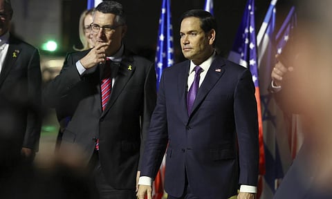 Israel’s Foreign Minister Gideon Sa’ar welcomes U.S. Secretary of State Marco Rubio as he arrives in Israel (AP)