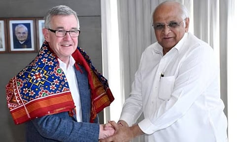 Commonwealth Games Federation president Chris Jenkins with Gujarat Chief Minister Bhupendra Patel. (Credit: @bhupendrapbjp/X)