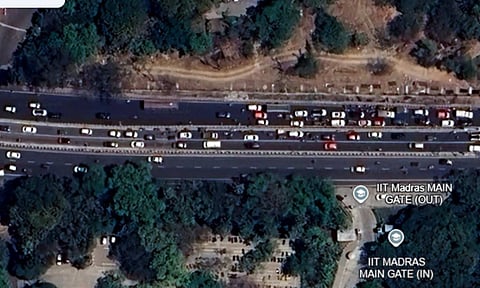 The IIT-Madras stretch of Sardar Patel Road-Gandhi Mandapam junction (Google Earth)&nbsp;