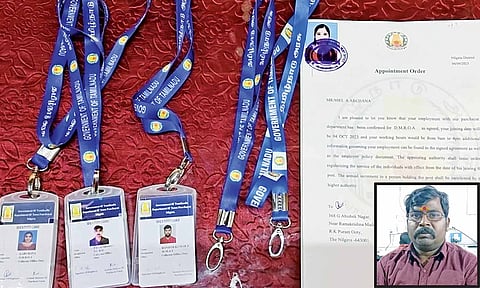 Seized fake IDs and appointment orders; (right) Mano