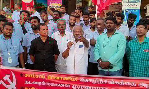 CITU leaders at the protest against Samsung in Kancheepuram on Friday