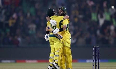 &nbsp;Josh Inglis and Glenn Maxwell celebrate after winning the match against England (X/@icc)
