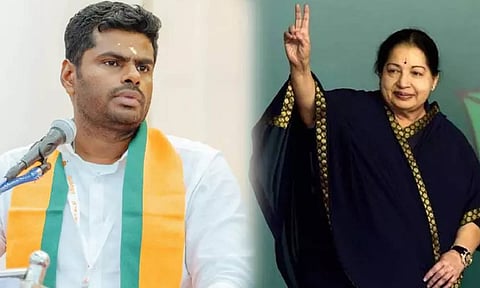 BJP state president K Annamalai and former chief minister J Jayalalitha (Daily Thanthi)&nbsp;