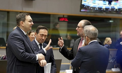 Czech Republic's foreign minister Jan Lipavsky, left, speaks with Spain's foreign minister Jose Manuel Albares Bueno, second left, and Austria's foreign minister Alexander Schallenberg, second right, during a meeting of EU foreign ministers at the European council meeting in Brussels (AP)&nbsp;