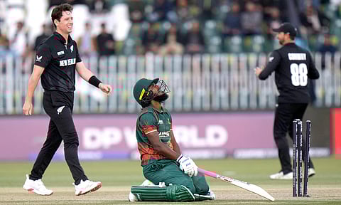 Bangladesh's Jaker Ali, center, reacts after he run out New Zealand's Tom Latham during the ICC Champions Trophy cricket match between Bangladesh and New Zealand, in Rawalpindi, Pakistan (PTI)&nbsp;