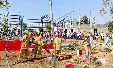 Firefighters douse a fire which broke out after an explosion at a fireworks factory, in Dharmapuri district of Tamil Nadu, Monday, Feb. 24, 2025. (PTI)
