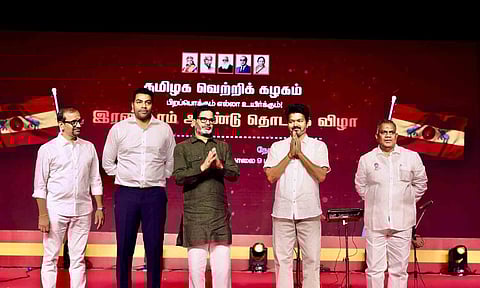 TVK chief Vijay, Prashant Kishor and other party members on the stage&nbsp;