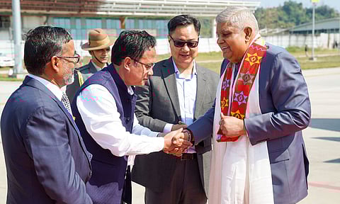 Vice President Jagdeep Dhankhar is being received by Union Minister Kiren Rijiju and other dignitaries upon his arrival in Itanagar (PTI)