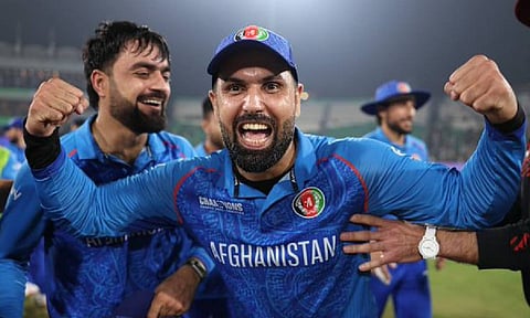 Afghanistan players celebrate after winning the match against England (X/@icc)&nbsp;
