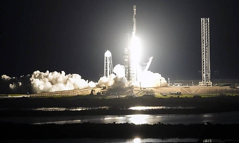 A SpaceX Falcon 9 rocket with Intuitive Machines' second lunar lander lifts off from pad 39A at the Kennedy Space Center in Cape Canaveral (AP)