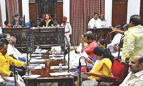 Mayor R Priya presiding over the council meet at Ripon Building on Thursday