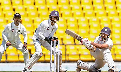 Vidarbha's Harsh Dubey plays a shot on the second day of the Ranji Trophy final cricket match between Kerala and Vidarbha, in Nagpur. PTI
