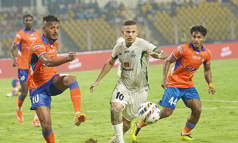 MSC's Alexis Gomes vies for the ball against FCG players at the Jawaharlal Nehru Stadium in Goa during their ISL 2024-25 match&nbsp;