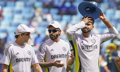 India's head coach Gautam Gambhir with Ravindra Jadeja and Shreyas Iyer during a training session before the start of the ICC Champions Trophy semi-final cricket match between India and Australia, in Dubai (PTI)&nbsp;