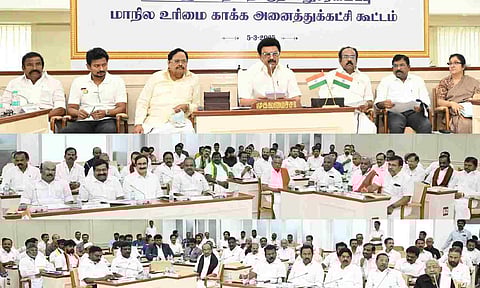 Chief Minister MK Stalin and other political party leaders during the all-party meeting&nbsp;