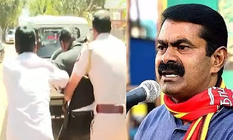 (L-R) Amalraj being arrested by police; NTK chief Seeman&nbsp;