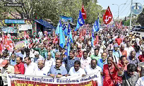 Hundreds of transport workers affiliated with CITU, AITUC and TTSF staged a protest march towards the Secretariat on Thursday (Hemanathan M)